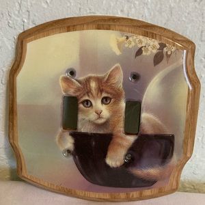 Double Gang Light Switch Plate Wooden Handmade Kitten in a Bowl
